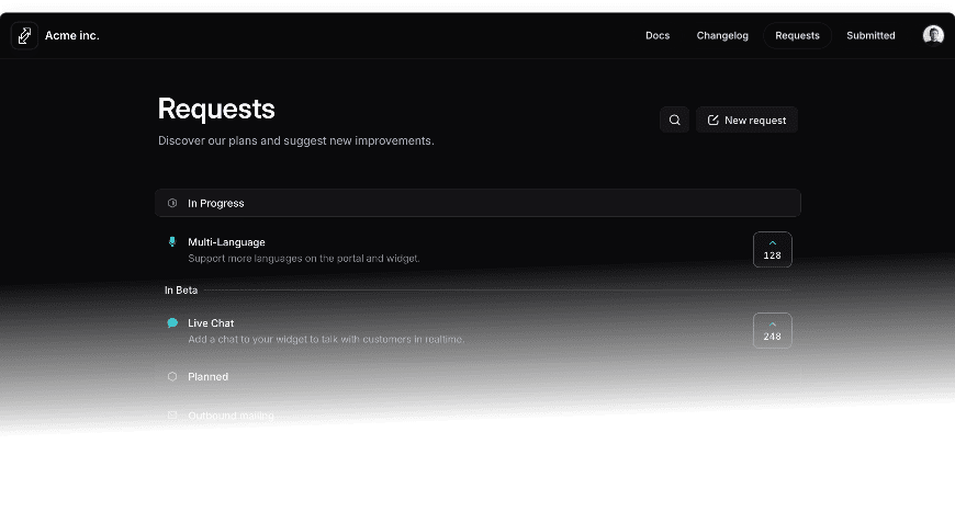Productlane requests portal showing feature voting and status tracking